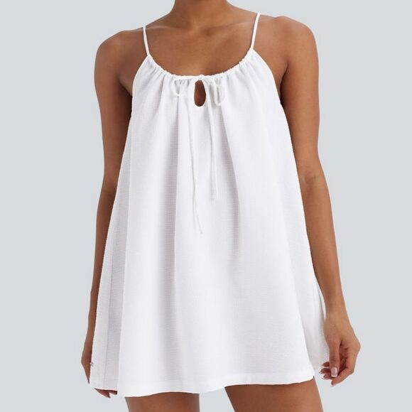 Halara White Textured Tie Neck Swim Coverup Trapeze Mini Dress Size Medium - Picture 1 of 8